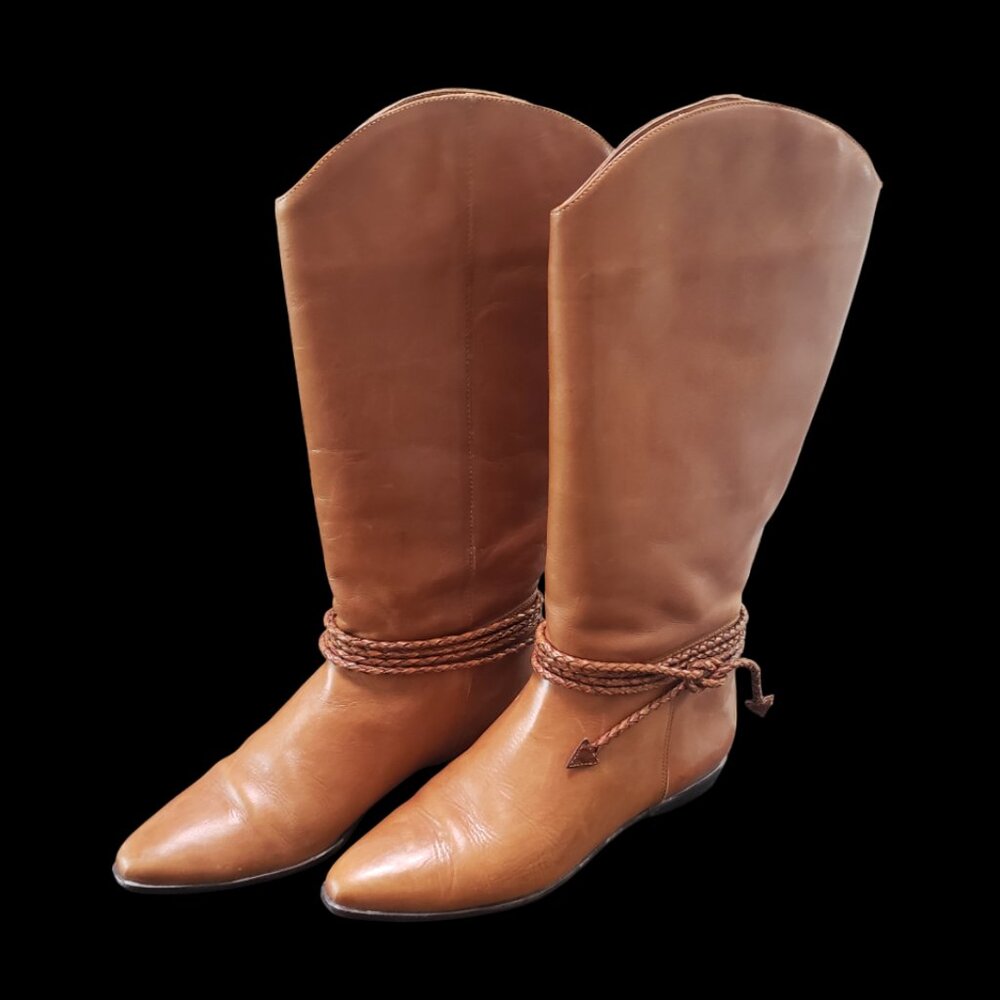 Vintage SCRUPLES Womens Tan Leather Braided Tall Knee Riding Boots 8.5 B in Box